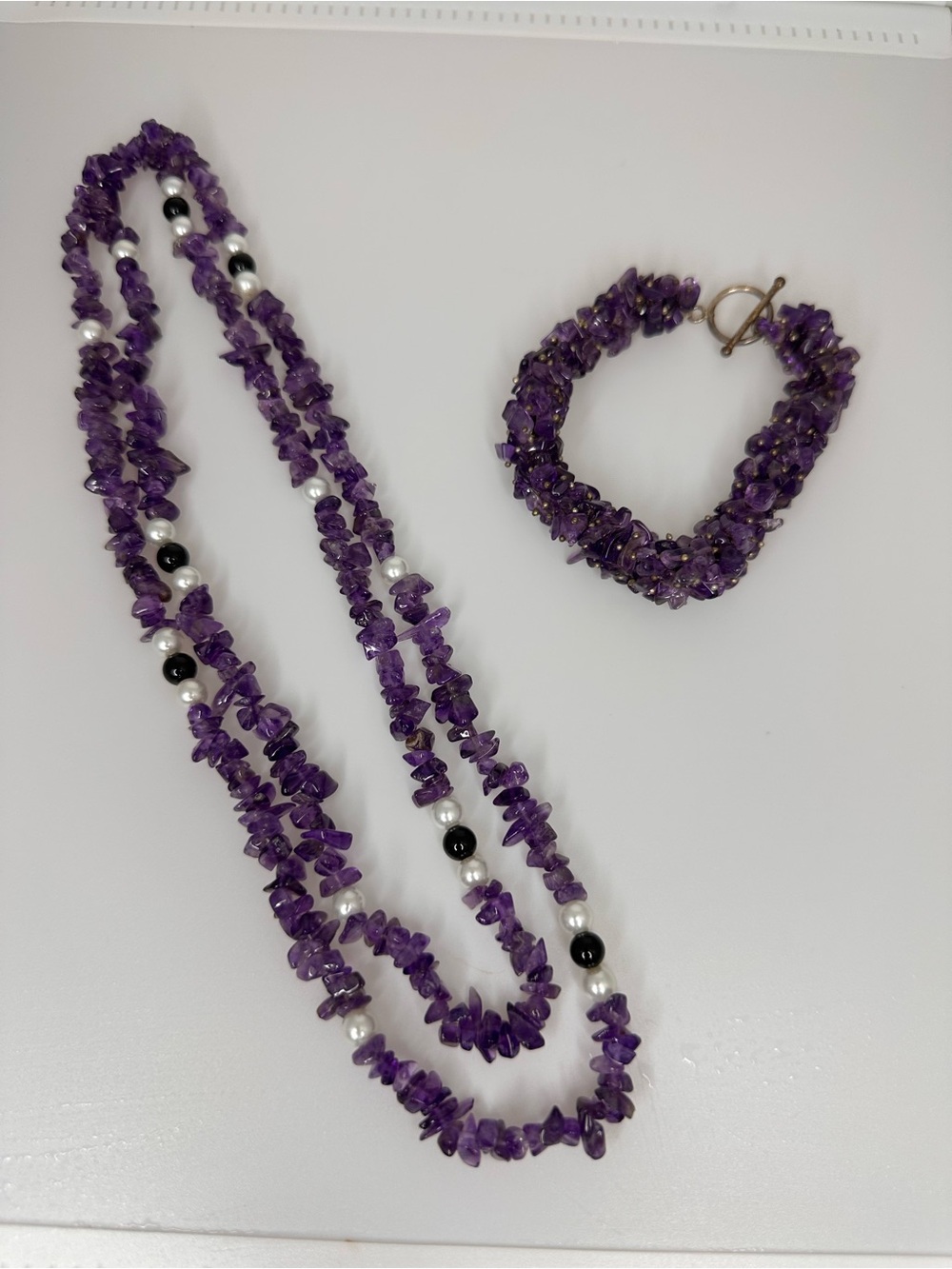 Purple Amethyst Chip Necklace and Bracelet Set - Women Jewelry
